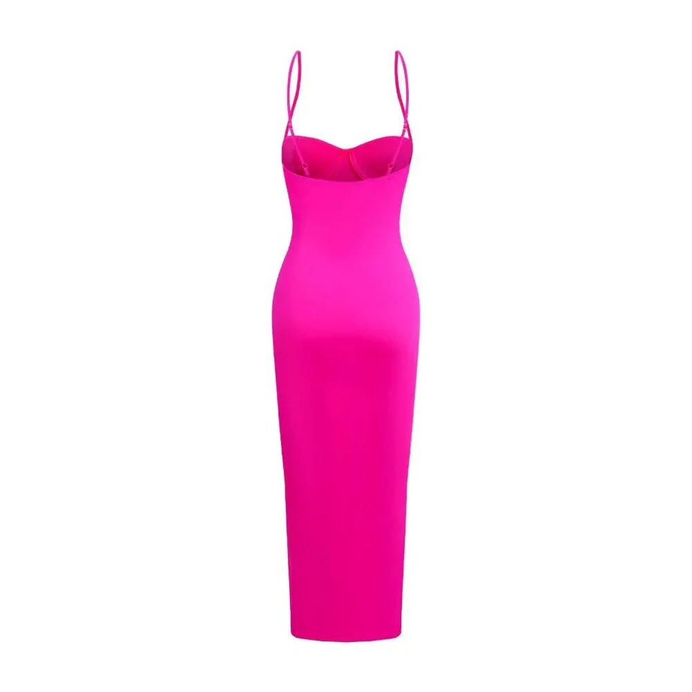 NWT Micas Hot Pink Spaghetti Strap Midi Dress With Bustier Detail Size Small - Picture 2 of 8